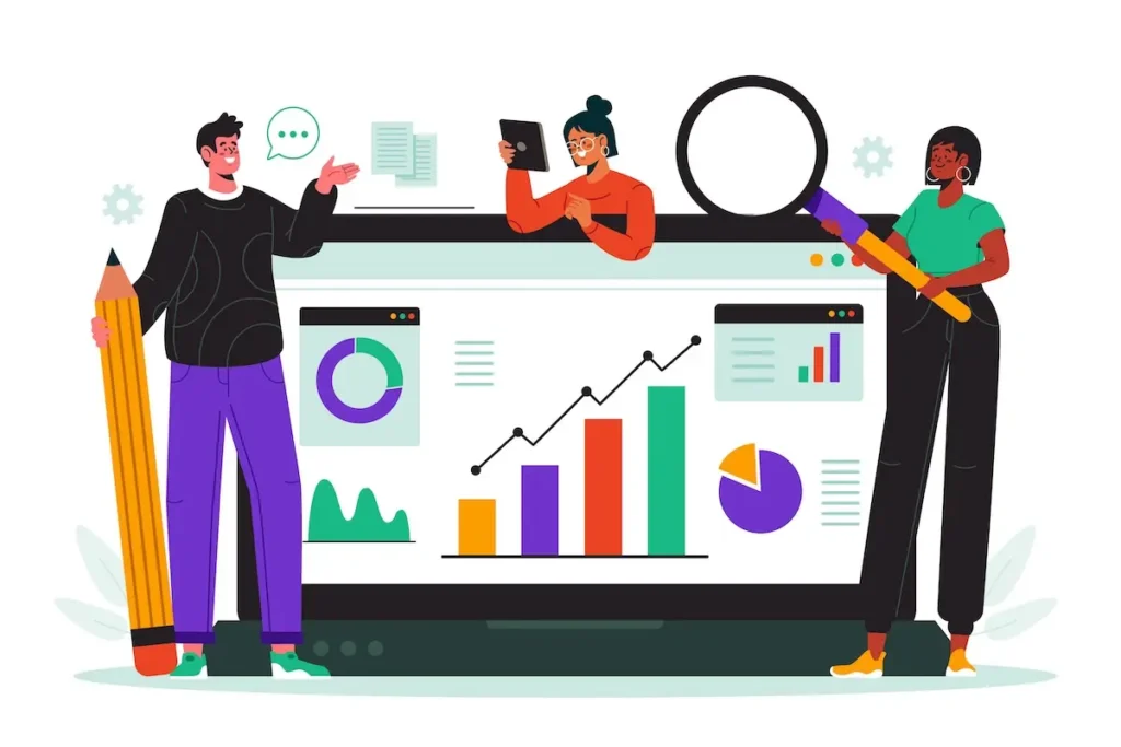 Google Ads benchmarks data analysis illustration showing people reviewing ROAS CPC and conversion rate metrics by industry